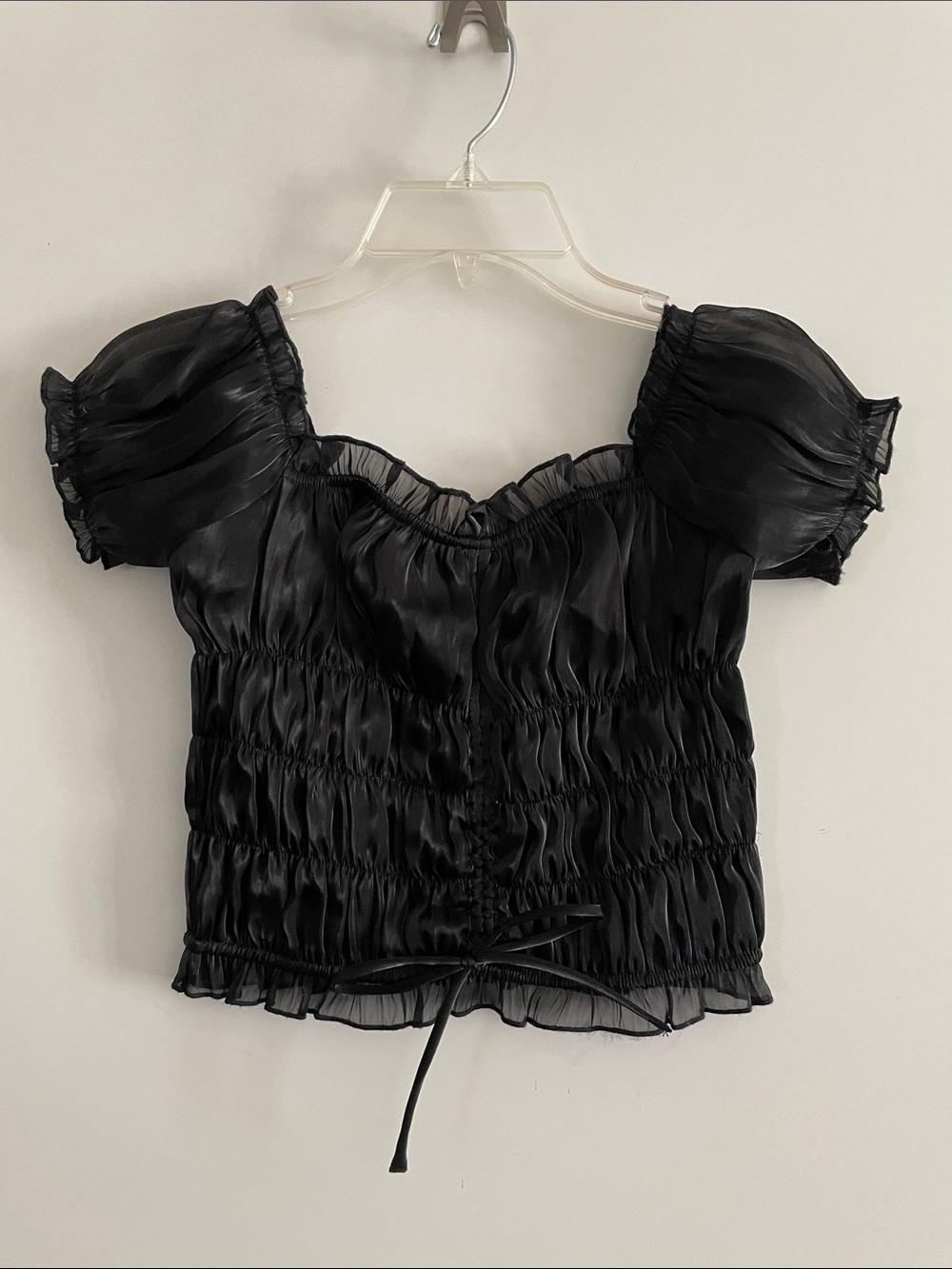 Tiger Mist Black Satin/Taffeta Courset Ruched Cropped Top Short Sleeve NWOT